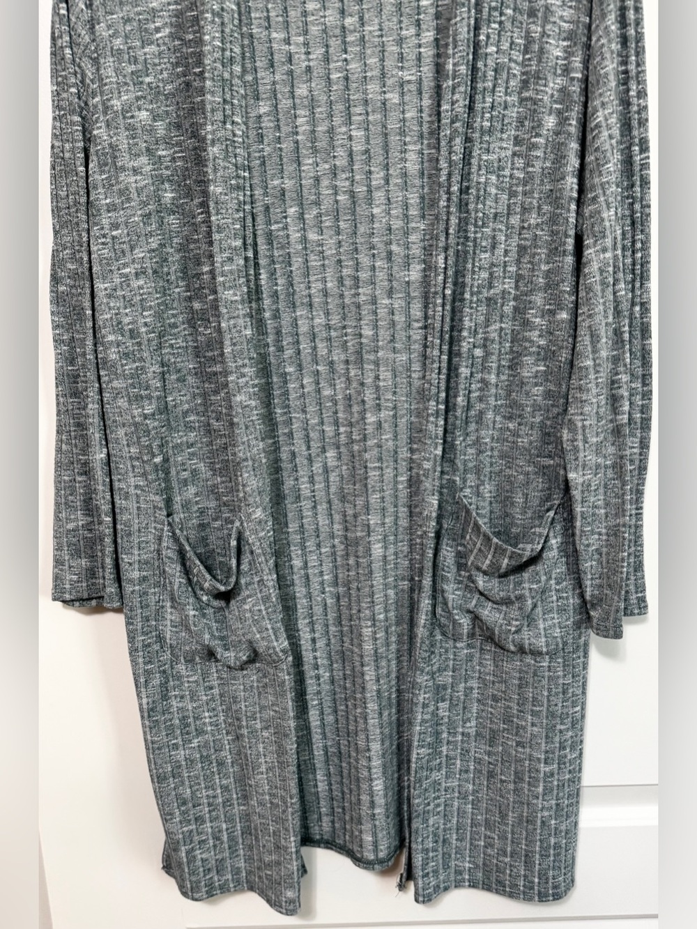 Nine West Long Open Front Ribbed Marled Sage Green Cardigan Sweater Pockets Size - Picture 6 of 9